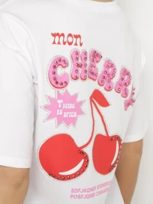 Biały T-shirt z Bawełną Cyrkoniami i Motywem Wiśni Linmira elsa.m by may