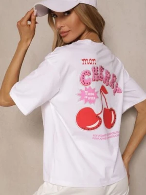 Biały T-shirt z Bawełną Wzorem Wiśni i Cyrkoniami Linavella elsa.m by may