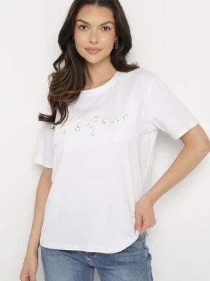 Biały T-shirt z Bawełny o Kroju Oversize z Haftem i Cekinami Uliowena glo-story
