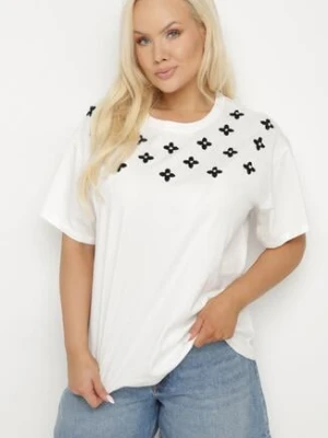 Biały T-shirt z Bawełny Ozdobiony Cyrkoniami i Haftami Firarette melya by melody