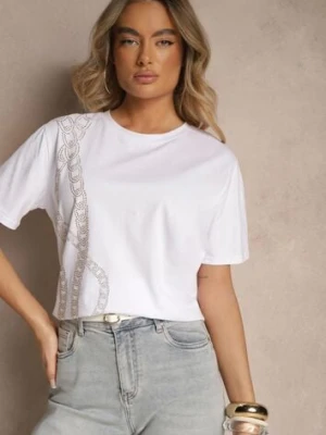Biały T-shirt z Bawełny Ozdobiony Cyrkoniami Lavnelis
