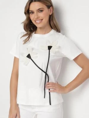 Biały T-shirt z Bawełny Ozdobiony Kwiatami Marionis defox