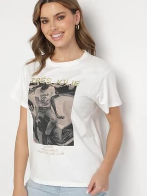 Biały T-shirt z Bawełny Ozdobiony Nadrukiem i Brokatem Marionel defox