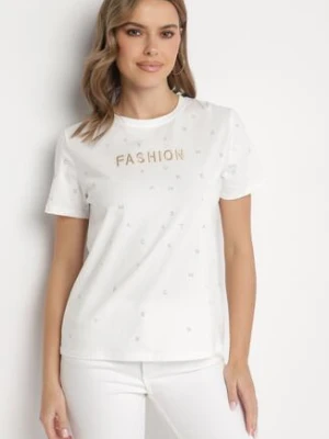 Biały T-shirt z Bawełny z Cyrkoniami i Napisem Nalanielle defox