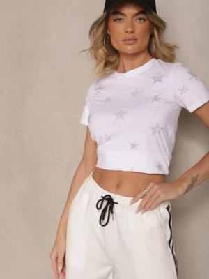 Biały T-shirt z Bawełny Zdobiony Gwiazdkami z Cyrkonii Tenenisa glo-story