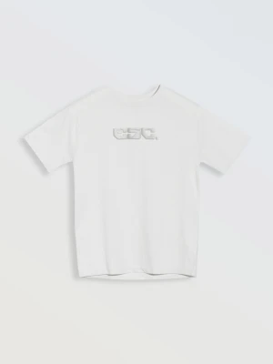 Biały t-shirt z błyszczącym nadrukiem na wysokości piersi Reporter