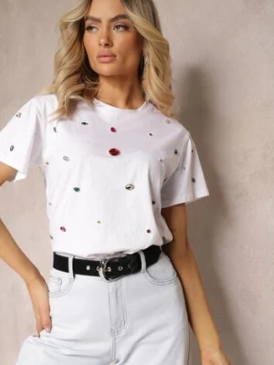 Biały T-shirt z Cyrkoniami w Różnych Kolorach Varcia elsa.m by may