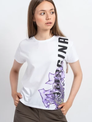 Biały t-shirt z kolorową grafiką z przodu