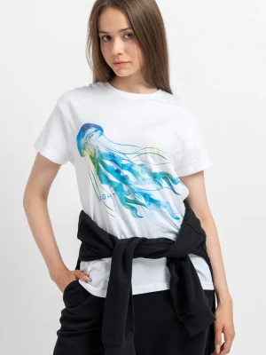 Biały t-shirt z kolorową grafiką z przodu Reporter Young