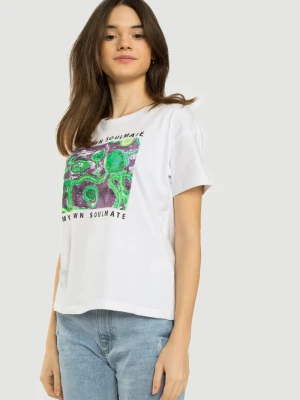 Biały T-shirt z kolorowym nadrukiem Reporter