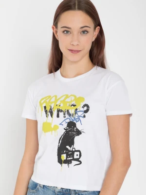 Biały T-shirt z kolorowym nadrukiem z przodu Reporter Young