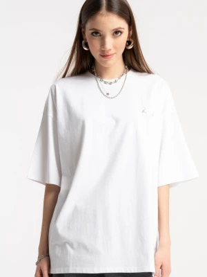 Biały t-shirt OVERSIZE z minimalistycznym nadrukiem z przodu Reporter