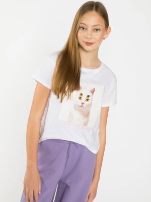 Biały T-shirt z nadrukiem z kotem Reporter