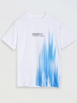 Biały T-shirt z niebieskim nadrukiem z przodu Reporter