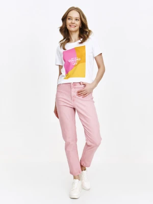 Biały t-shirt z różowo-żółtym printem Top Secret