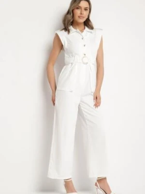 Biały Taliowany Kombinezon z Guzikami i Cyrkoniami Lumalise j&x