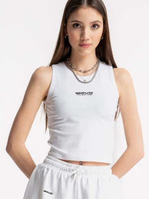 Biały top na ramiączkach z minimalistycznym nadrukiem Reporter