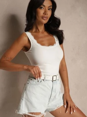 Biały Top z Bawełny o Dopasowanym Kroju na Ramiączkach z Koronką Linavea by swan