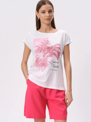 Biały top z różowym nadrukiem w liście monstery Greenpoint