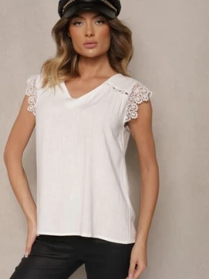 Biały Top z Wiskozą i Lnem z Koronką przy Rękawach Sanindrae melya by melody