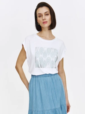 Biały top ze srebrnym nadrukiem na środku Top Secret