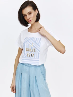 Biały top ze złotym napisem Top Secret