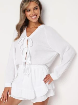 Biały Wiązany Bawełniany Kombinezon Boho z Falbankami i Wiązaniem Lalelia jumelle