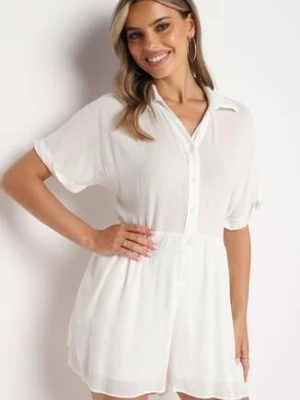 Biały Wiskozowy Kombinezon z Koszulową Górą Zapinany na Guziki z Krótkimi Spodniami Vikota rosa
