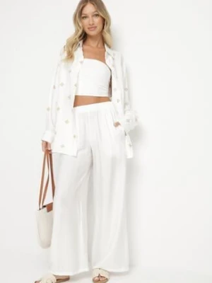 Biały Wiskozowy Komplet z Koszulą z Haftem i Szerokimi Spodniami Thannora