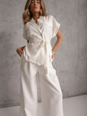 Biały Wiskozowy Komplet z Lnem Spodnie Wide Leg i Bluzka o Kroju Marynarki Daprise bisou's project