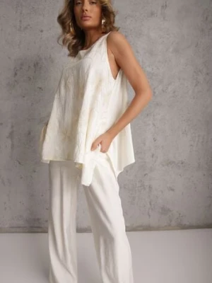 Biały Wiskozowy Komplet z Lnem w Stylu Boho Spodnie i Bluzka z Haftem Marymene yu & me