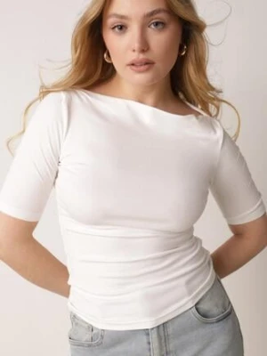 Zdjęcie produktu Biały Wiskozowy T-shirt o Dopasowanym Kroju z Dekoltem w Łódkę Idahphaeia