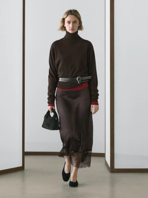 Bieliźniana Spódnica Średniej Długości Z Koronką - Brązowy - - Massimo Dutti - Kobieta