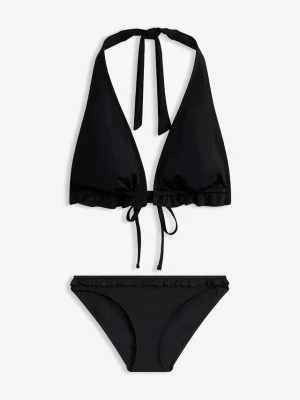 Bikini z dekoltem halter i falbanką (komplet 2-cz.) BonPrix czarny