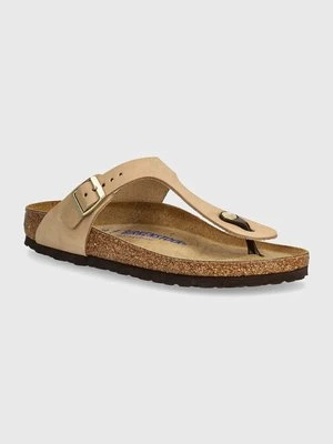 Birkenstock japonki nubukowe Gizeh SFB kolor beżowy na płaskim obcasie 1019014