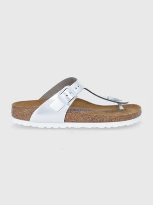 Birkenstock japonki skórzane Gizeh damskie kolor srebrny na płaskim obcasie 1003675