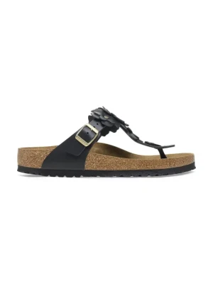 Birkenstock japonki skórzane Gizeh Flowers damskie kolor czarny na płaskim obcasie 1026719