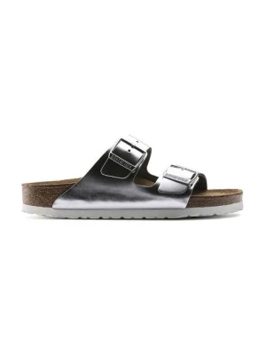 Birkenstock klapki skórzane Arizona damskie kolor srebrny