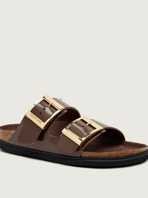Birkenstock Skórzane klapki Arizona Droplet Buckle Cupsole | narrow fit brązowy