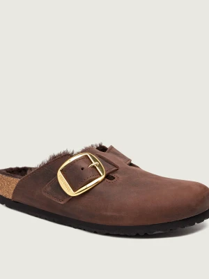 Birkenstock Skórzane Ocieplane mule Boston Big Buckle | shearling | narrow fit brązowy