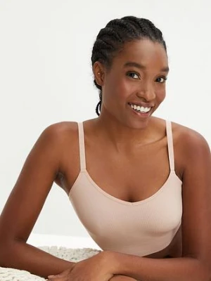 Biustonosz bustier bezszwowy Feel Comfort w prążek BonPrix beżowy