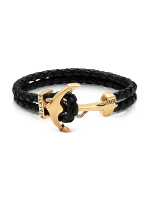Black Leather Bransoletka with Gold Anchor Nialaya