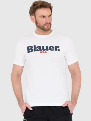 BLAUER Biały męski t-shirt z dużym logo Blauer USA