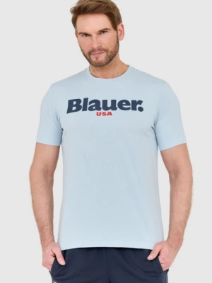 BLAUER Błękitny męski t-shirt z dużym logo Blauer USA