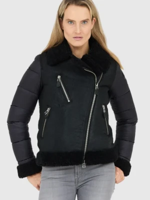 BLAUER Czarny kożuch damski z pikowanymi rękawami, Rozmiar L Blauer USA
