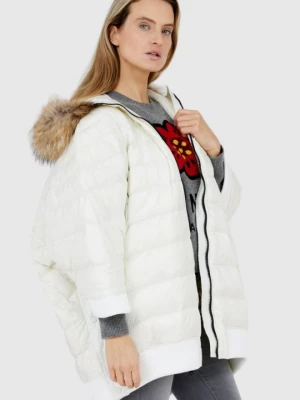 BLAUER Ecru damski puchowy płaszcz z futrem jenota, Rozmiar XS Blauer USA
