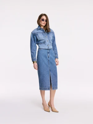 Błękitna kurtka jeansowa z zaznaczoną talią TARANKO