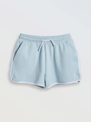 Błękitne krótkie spodenki wykończone białą lamówką Reporter