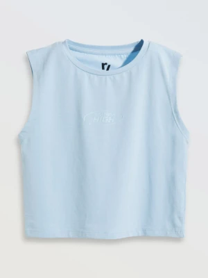 Błękitny crop-top na ramiączkach z minimalistycznym nadrukiem Reporter