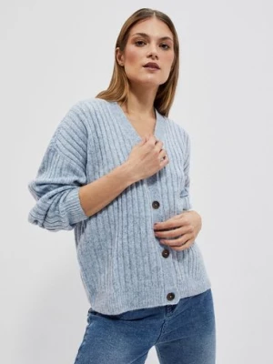 Błękitny sweter damski rozpinany w prążki Moodo